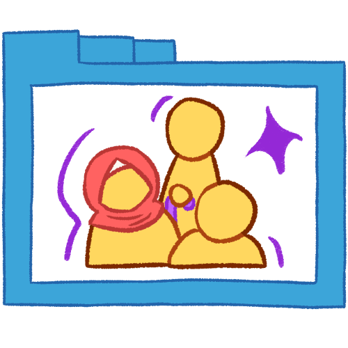 A hollow blue folder with thin lines, containing three busts of emoji yellow people of various heights. The tallest is holding a purple cane and the middle is wearing a pink hijab. There are purple lines around the people and a large purple sparkle.